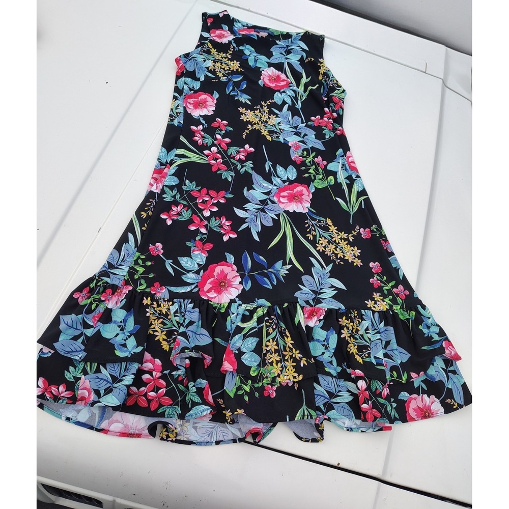 Tommy Hilfiger Floral Ruffle Hem Sleeveless A-Line Dress Black Pink Size 6